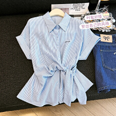 批发实拍绑带收腰短袖衬衫女2026夏季流行单品条纹衬衣法式小资上衣