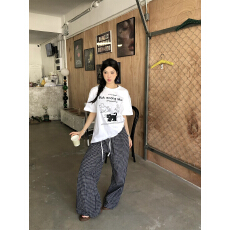 批发实拍实价~松弛感美式猫咪印花短袖T恤+格子宽松阔腿裤长裤