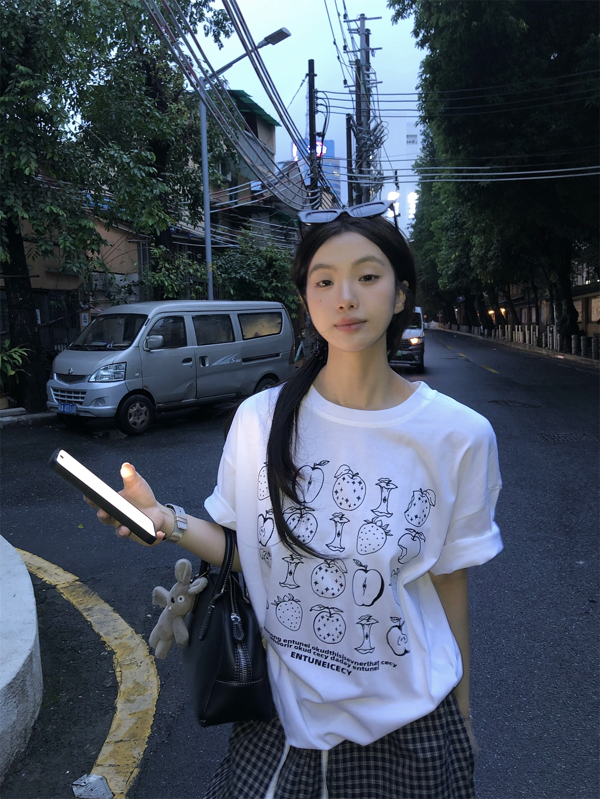 실사 정가 아메리칸 느슨함 스케치 과일 프린트 반팔 루즈핏 티셔츠