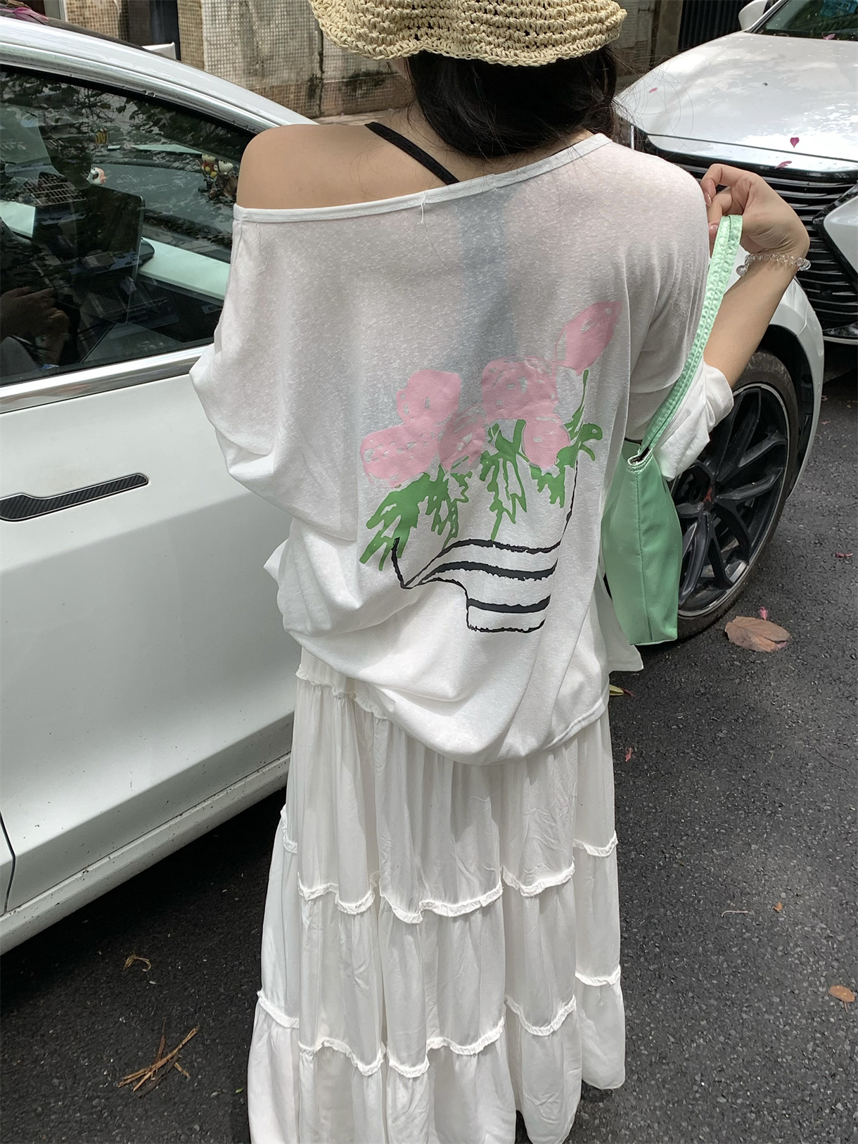 실사 정가 한 부서 chic 꽃무늬 프린트 자외선 차단 블라우스 비스듬한 어깨 얇은 스타일 긴팔 티셔츠