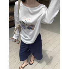 批发美式复古慵懒松弛感小狗印花<b class='q'>长袖</b>薄款t恤罩衫+运动七分裤阔腿短裤