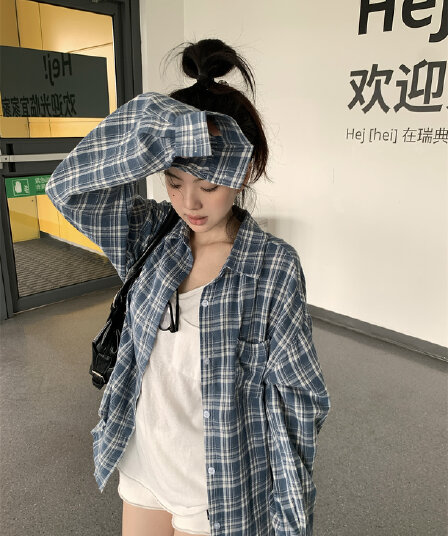 실사 정가 이른 가을 아메리칸 느긋한 디스플레이 화이트 파란색 체크무늬 긴팔 셔츠 루즈핏 셔츠