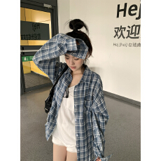 批发实拍实价~早秋美式慵懒显白蓝色格子长袖衬衫宽松衬衣