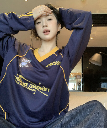실사 정가 이른 가을 아메리칸 vibe 메쉬 긴팔 티셔츠 V넥 프린트 루즈핏 공 서비스