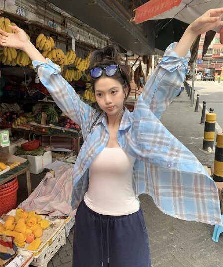 실사 정가 봄 아메리칸 레트로 느긋한 디스플레이 화이트 파란색 격자 무늬 셔츠 자외선 차단 재킷