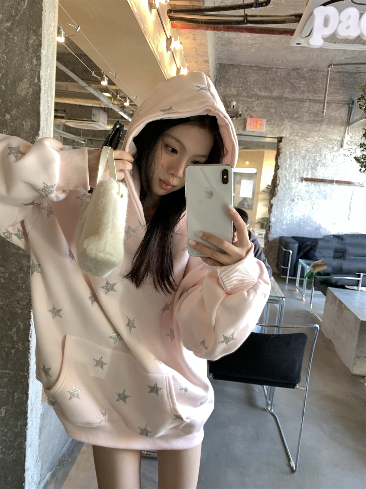 실사 정가 아메리칸 느긋한 루즈핏 디자인 센스 별 프린트 후드 티 스웨터 핑크색 후드티