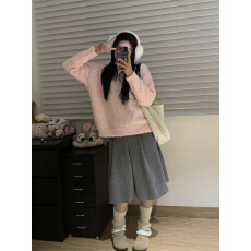 批发实拍实价~韩系慵懒少女粉色毛衣+呢子高腰A字中长款毛呢<b class='q'>半身</b>裙