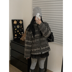 实拍实价~冬季费尔岛复古花纹提花仿羊羔毛外套