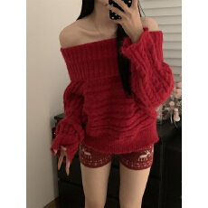 批发实拍实价~跨年新年红慵懒仿貂毛一字肩毛衣+费尔岛短裤套装