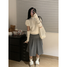 批发温柔风软糯仿貂毛短袖<b class='q'>毛衣</b>上衣配袖套+呢子高腰<b class='q'>中长款</b>毛呢半身裙