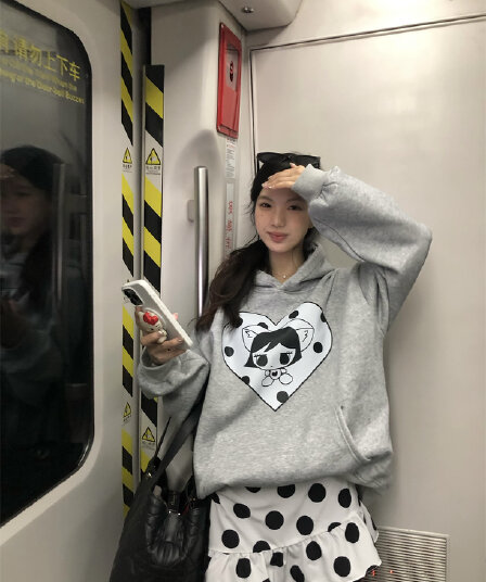 실사 정가 아메리칸 느긋한 루즈핏 귀여운 후드 티 스웨터 도트 무늬 랩스커트팬츠