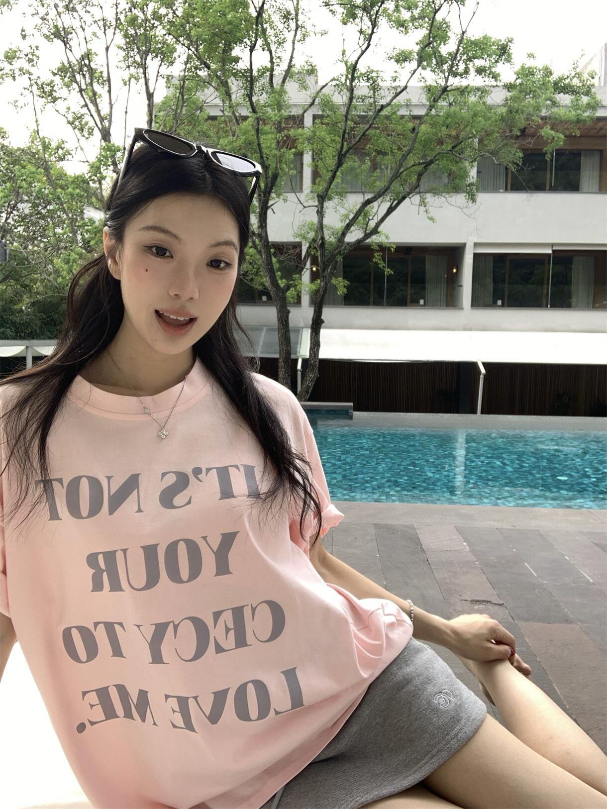 실사 정가 여름 한 부서 핑크색 반팔 티셔츠 알파벳 프린트 루즈핏 맨위