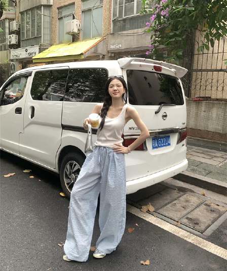 실사 정가 한국 스타일 느긋한 느슨함 버블 면 체크무늬 바지 질감 센스 루즈핏 와이드 레그 팬츠 캐주얼 바지