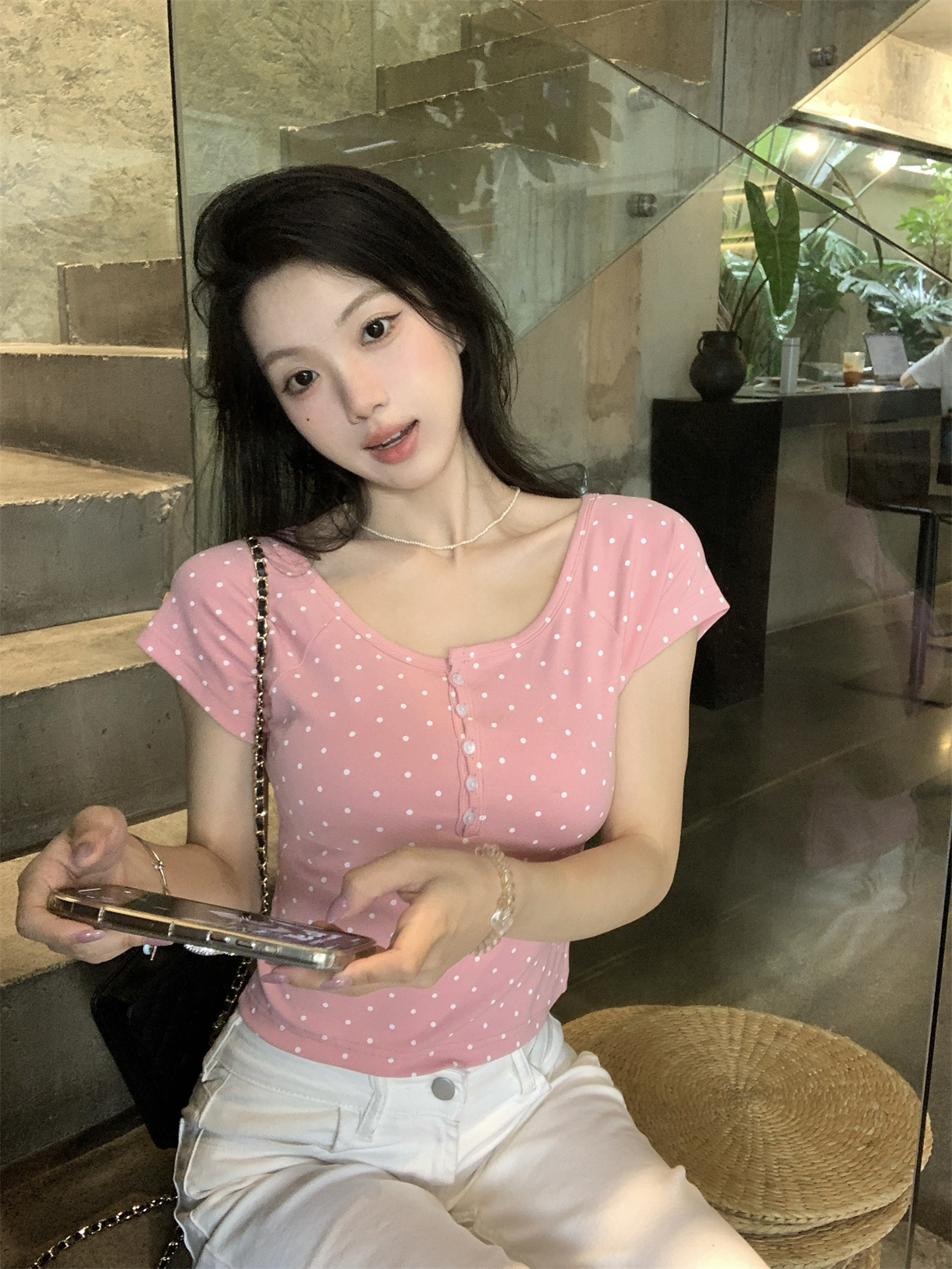실사 정가 한 부서 순수한 욕망 도트 무늬 반팔 티셔츠 로즈 레드 달콤한 매운맛 쇼트 스타일 긍정적 인 어깨 의류