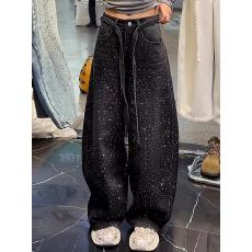 批发美式复古满天星烫钻拼接牛仔<b class='q'>裤</b>子女辣妹时尚<b class='q'>宽松</b>bf慵懒风拖地长<b class='q'>裤</b>