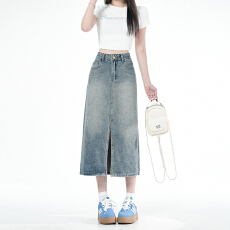 批发经典休闲｜大众韩风感｜耐看<b class='q'>百搭</b>单品 高腰开叉A字牛仔裙女