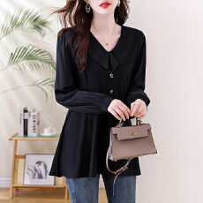 批发2025秋季新款大码娃娃领女装拼色气质<b class='q'>夏</b>季上衣设计感假两件妈妈装