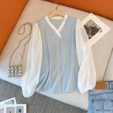 批发已出货2026春新款法式别致木耳边V领泡泡袖衬衫拼接洋气小衫上衣