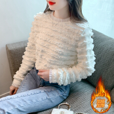 批发已出货加绒加厚荷叶边蕾丝衫立领甜美打底衫女装秋冬百搭洋气内搭