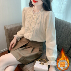 批发已出货加绒加厚褶皱木耳边系带立领长袖衬衫女内搭蕾丝泡泡袖上衣