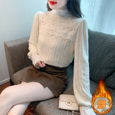 批发已出货加绒加厚蕾丝打底衫秋冬保暖半高领上衣设计感内搭长袖小衫