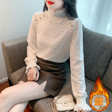 批发已出货加绒加厚法式蕾丝衫女装半高领上衣新款秋冬磨毛内搭打底衫