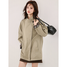 批发已出货立领风衣外套女2025秋冬新款撞色格子宽松气质英伦风<b class='q'>大衣</b>