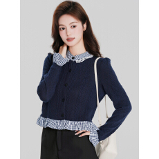 批发已出货秋冬新款拼接假两件长袖针织开衫女内搭法式短款上衣<b class='q'>打底</b>衫