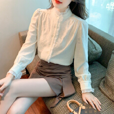 批发已出货2026春装百搭立领荷叶边白色衬衫雪纺衫上衣气质女<b class='q'>职业</b>上衣