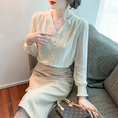 批发已出货2026春装新款法式v领长袖雪纺衬衫女显瘦上衣减龄洋气小衫