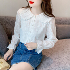批发已出货2026春装白色娃娃领雪纺<b class='q'>衬衫</b>长袖<b class='q'>蕾丝</b>衫女洋气上衣职业上衣