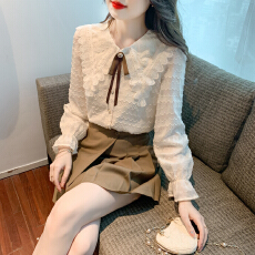 批发已出货2026春装新款蕾丝花边<b class='q'>娃娃领</b>衬衫甜美长袖<b class='q'>雪纺衫</b>蝴蝶结上衣