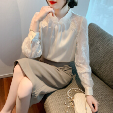 批发已出货2026春装新款中式立领盘扣醋酸<b class='q'>缎面</b>衬衫女蕾丝拼接小衫上衣