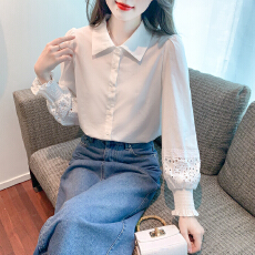 批发已出货2026春季新款花边拼接雪纺衫简约百搭白色灯笼袖衬衫上衣女