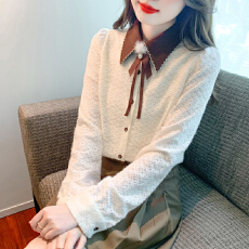 批发已出货2026秋冬法式蕾丝衬衫<b class='q'>女</b>撞色绣花翻领通勤气质打底长袖衬衣