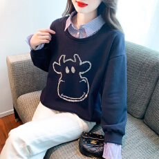 批发已出货2026春季新款<b class='q'>假两件</b>长袖<b class='q'>衬衫</b>领拼接卫衣女宽松时尚上衣潮