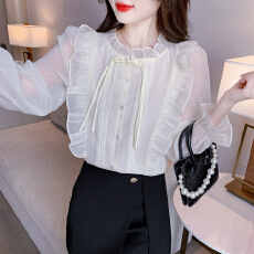 批发已出货2026春季新款盘扣荷叶边蕾丝<b class='q'>雪纺衫</b>设计感洋气上衣职业衬衫