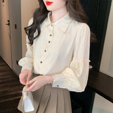 批发已出货2026春季新款复古翻领气质衬衫<b class='q'>女长袖</b>衬衣设计感斜扣上衣
