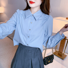 批发已出货2026春季新款蓝色叠穿衬衣法式小衫小众设计感长袖职业衬衫