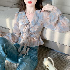 批发已出货2026春季新款法式碎花<b class='q'>雪纺衫女</b>V领长袖小衫荷叶边掐腰上衣