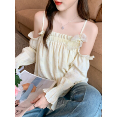 批发已出货2026春季甜美蝴蝶结度假<b class='q'>吊带</b>长袖衬衫设计感一字肩露肩上衣
