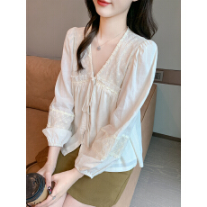 批发已出货2026春季新款V领蕾丝刺绣娃娃衫设计感小众上衣雪纺<b class='q'>衬衫</b>女