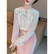 批发已出货2026春季法式木耳边雪纺衬衫女宫廷风气质系带长袖通勤衬衣