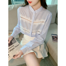 批发已出货2026春季条纹衬衣拼接蕾丝花边设计感小众上衣职业<b class='q'>雪纺衫女</b>