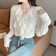 批发已出货2026春季新款法式V领荷叶边衬衫女灯笼袖<b class='q'>长袖</b>衬衣气质上衣
