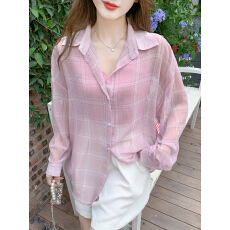 批发已出货2026春季轻薄凉爽透气宽松中长款格子<b class='q'>长袖</b>衬衫防晒衬衣开衫