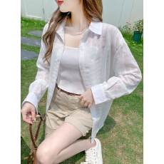 批发已出货2026春季薄款衬衫开衫上衣中长款白色格子<b class='q'>长袖</b><b class='q'>防晒衣</b>衬衫