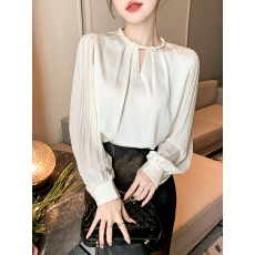 批发已出货2026春季法式复古雪纺衬衫压褶拼接袖温柔通勤上衣职业衬衣