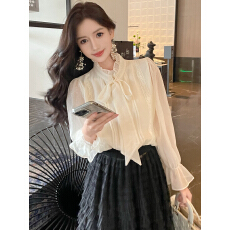 批发已出货2026春季法式气质系带蝴蝶结<b class='q'>长袖</b><b class='q'>衬衫</b>女小众上衣雪纺衫小衫