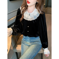 批发已出货2026春季新款复古黑丝绒别致小衫<b class='q'>刺绣</b>花边职业通勤<b class='q'>衬衫</b>上衣